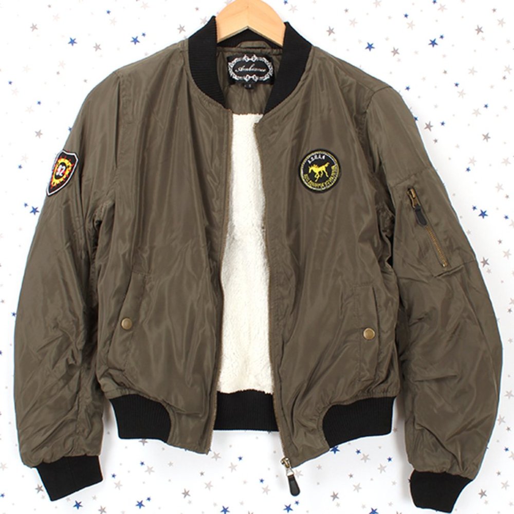 Fur Lined Short Bomber Jacket Patches Olive